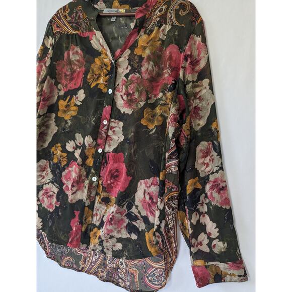 Figueroa & Flower Womens Wimsygoth Dark Floral Back‎ Button Up Top Sz XL Sheer - Picture 2 of 9
